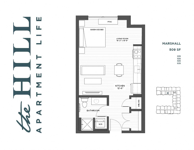 Floor plan for studio, 1 bath, 509 sqft